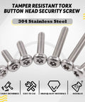 Top Shelf M6 Button Head Torx Security Screws Crafted From Badass Stainless Steel Featuring T30 Drive Bits Rust Resistant Design.
