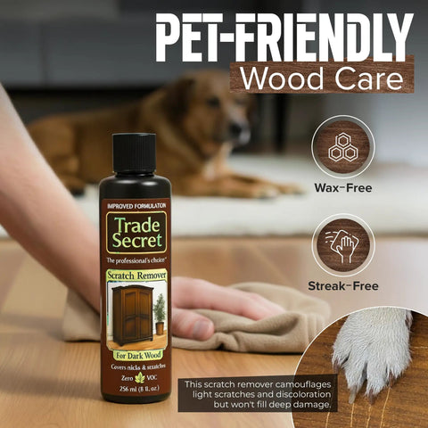 Trade Secret scratch remover for dark wood, pet-friendly use, wax-free and streak-free benefits, focus on bottle and wood floor.