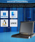 Heavy Duty Single Port Rack Mount KVM Console With A Crisp 17 Inch LCD Screen and Comfort Keys shown in server room setup.