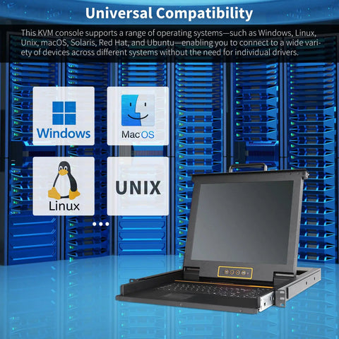 Heavy Duty Single Port Rack Mount KVM Console With A Crisp 17 Inch LCD Screen and Comfort Keys shown in server room setup.
