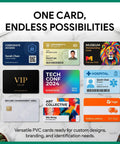 Bulk Pack Of 700 Blank CR80 PVC ID Cards 30 Mil Thick Dual Sided Badge Cards For Card Printers showcased with varied designs.