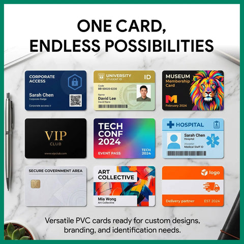 Bulk Pack Of 700 Blank CR80 PVC ID Cards 30 Mil Thick Dual Sided Badge Cards For Card Printers showcased with varied designs.