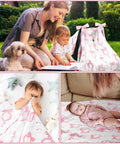 Pink Bow 2-In-1 Muslin Baby Car Seat Cover used as blanket and play mat, showcasing its multi-use versatility and softness.