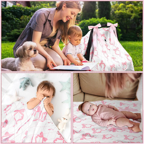 Pink Bow 2-In-1 Muslin Baby Car Seat Cover used as blanket and play mat, showcasing its multi-use versatility and softness.