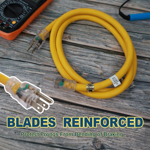 No Nonsense 10 Ft Extension Cord With Lighted End Triple Outlet 10 Gauge Pure Copper Wire Outdoor Rated 15 Amps Yellow SJTW close-up of reinforced prongs