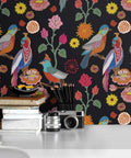 Dark Parrot Floral Peel And Stick Wallpaper 17.7 Inch Wide By 78.7 Inch Long, Vintage Exotic Birds And Flowers Pattern on wall