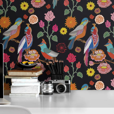 Dark Parrot Floral Peel And Stick Wallpaper 17.7 Inch Wide By 78.7 Inch Long, Vintage Exotic Birds And Flowers Pattern on wall