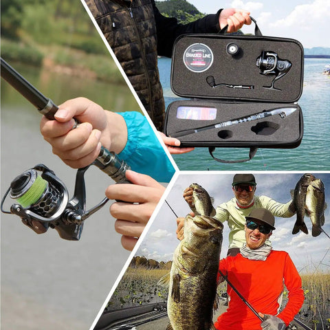 Collage of Travel Ready Telescopic Fishing Rod Combo With Spinning Reel And Carrier Bag Includes Lures And Line For Saltwater And Freshwater Angling Kit Grab And Go 1.8M Telescopic Pole For Easy Travel with anglers catching fish