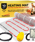 Electric Floor Heating Mat For Tile And Bathroom Floors 120V 10 Sq Ft 120W With Programmable GFCI Thermostat shown with components.