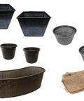 Eight Piece Pond Planting Basket Set For Aquaponics And Hydroponics With Free Hessian Squares Includes Three Five Inch Round Baskets, Two Eight Inch Round Baskets, And Two Seven Inch Square Baskets shown with assorted basket sizes and materials.