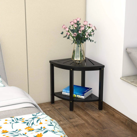 Bamboo Corner Shower Stool Bench Waterproof With Storage Shelf For Bathroom And Inside Shower Perfect Seat For Shaving Legs Easy To Clean Non Slip Black used as side table with vase and books.