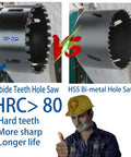 Front view of two hole saws: left PLG2SUPT carbide grit cutter; right HSS bi-metal hole saw.