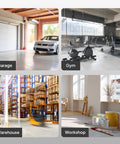 Garage, gym, warehouse, and workshop interiors depicted in a collage, suitable environments for Built Tough 24 Inch High Velocity Drum Fan