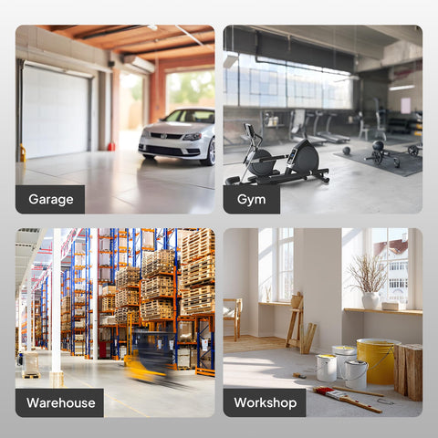 Garage, gym, warehouse, and workshop interiors depicted in a collage, suitable environments for Built Tough 24 Inch High Velocity Drum Fan