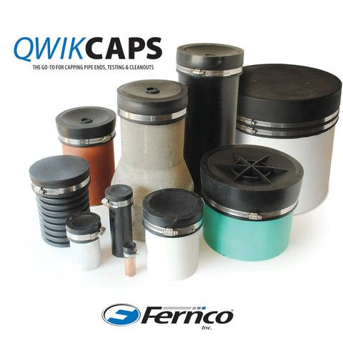 6 Inch PVC Pipe Cap Qwik Cap For Plumbing Flexible Elastomeric Fitting with multiple assorted pipe caps displayed