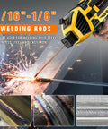Hella Portable Handheld Welder 110V 120A Mini Arc Inverter Machine Lightweight Electric Welding Tool showing 1/16"-1/8" welding rods in action.