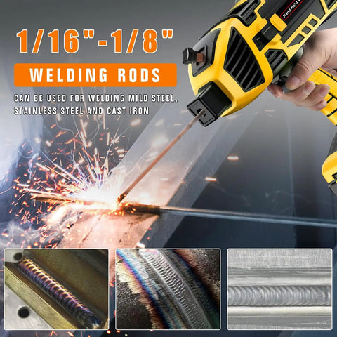Hella Portable Handheld Welder 110V 120A Mini Arc Inverter Machine Lightweight Electric Welding Tool showing 1/16"-1/8" welding rods in action.