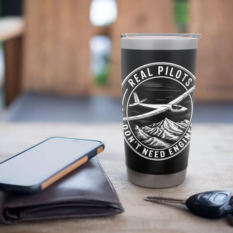 Sailplane Pilot Club Insulated Stainless Steel Tumbler for Glider Fans on desk with phone, wallet, and keys.