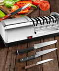 4-Stage Professional Electric Knife Sharpener with diamond abrasives, ultra quiet motor, 20-degree precision guides in kitchen