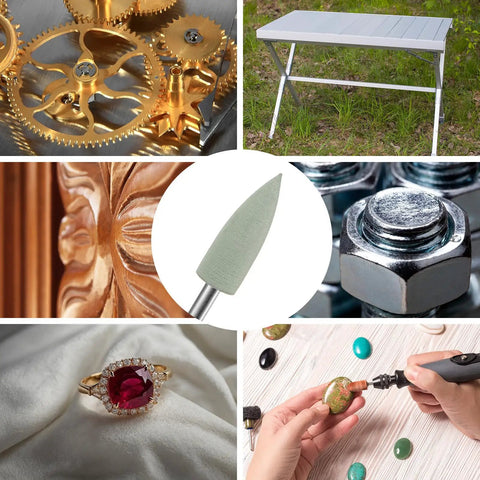 Polishing Bit Set For Rotary Tool, 0.23 Inch Dia Silicone Pointed Buffing Wheel Kit, showcasing use on various materials