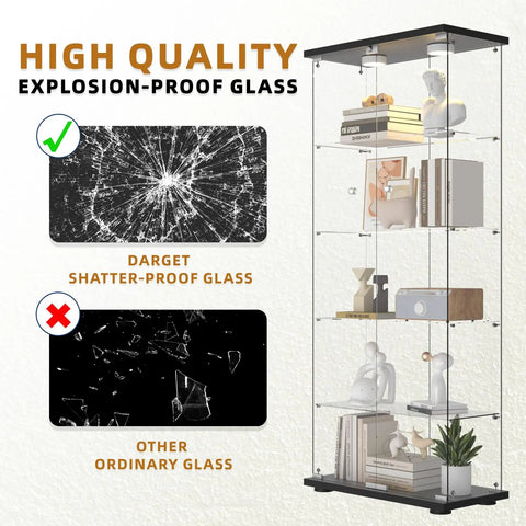 Five Shelf Glass Display Cabinet With Locking Door And Remote LED Lights 4mm Tempered Glass Floor To Ceiling Bookcase Black