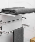 Retractable Towel Rack With 3 Tier Shelf And 2 Towel Bars Adjustable From 19.7 To 31.5 Inches Stainless Steel 304 Durable 3M Adhesive No Drilling Wall Mount Hole Free Bathroom Kitchen Space Saver Organizer with gray towels