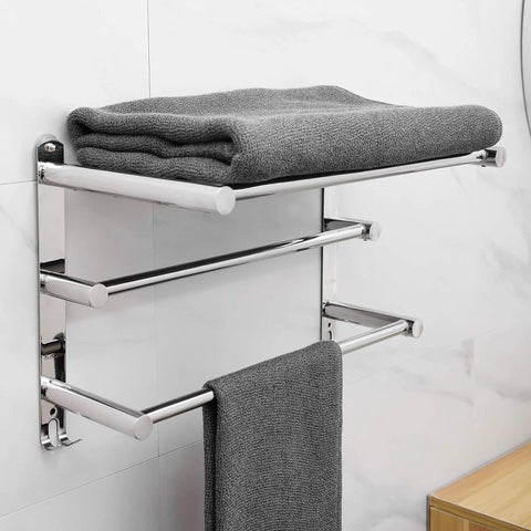 Retractable Towel Rack With 3 Tier Shelf And 2 Towel Bars Adjustable From 19.7 To 31.5 Inches Stainless Steel 304 Durable 3M Adhesive No Drilling Wall Mount Hole Free Bathroom Kitchen Space Saver Organizer with gray towels
