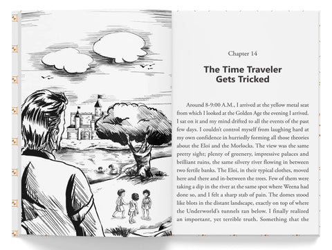 Illustration from The Time Machine By HG Wells Abridged Novel showing the Time Traveler observing a landscape.