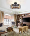 Living room with Farmhouse Caged Ceiling Fan With Light, 17 Inch Bladeless Ceiling Fan With Remote, rustic wood finish.