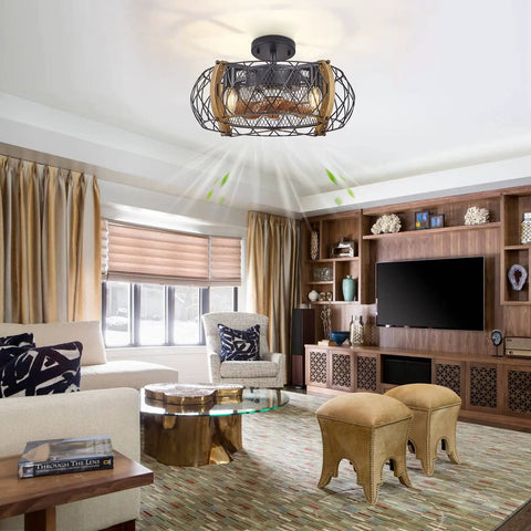 Living room with Farmhouse Caged Ceiling Fan With Light, 17 Inch Bladeless Ceiling Fan With Remote, rustic wood finish.