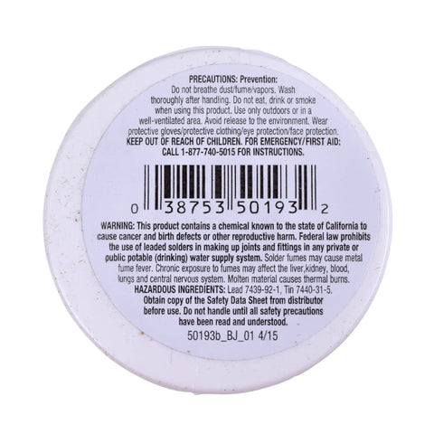 Back label of Acid Flux Core Wire Solder 40/60 Tin Lead, 0.5 Lb Carded with safety warnings and barcode.