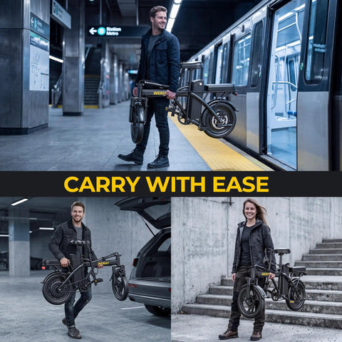 Person carrying compact electric dirt bike for adults with 14 inch tires, 48V battery, 500W motor, foldable and lightweight