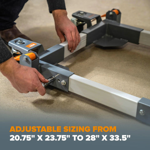 Adjusting heavy duty mobile base for power tools in workshop