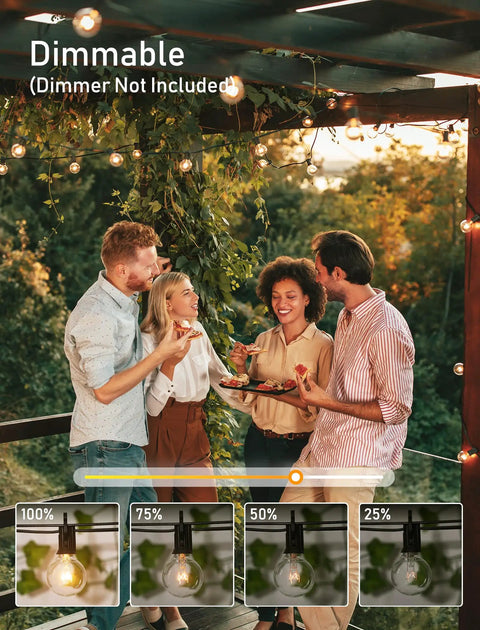 Outdoor patio with 55Ft G40 Globe String Lights With 52 Edison Glass Bulbs And 2 Spare, waterproof connectable lights in use, E12 socket, black.