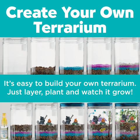 Grow N Glow Terrarium Kit For Kids with step-by-step soil layering and growth instructions for creative kids activity.