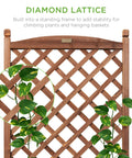 Pair Of 48 Inch Walnut Wood Planter Boxes With Diamond Lattice Trellis Mobile Outdoor Raised Garden Beds For Climbing Plants Drainage Holes And Optional Wheels For Easy Mobility showing diamond lattice detail with climbing plants.