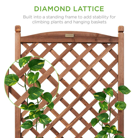 Pair Of 48 Inch Walnut Wood Planter Boxes With Diamond Lattice Trellis Mobile Outdoor Raised Garden Beds For Climbing Plants Drainage Holes And Optional Wheels For Easy Mobility showing diamond lattice detail with climbing plants.