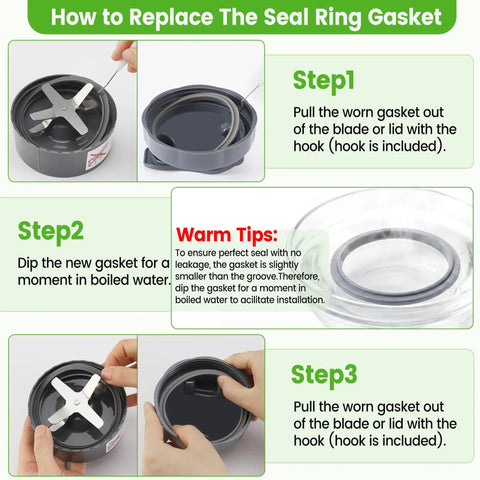 Two Pack Replacement Rubber Gasket Seals For 600W And 900W Blenders, Durable Lip Seal Rings Fits NutriBullet Pro 900 Series Cups And Lids, Easy Install, Keeps Blends Smooth And Leak Free, Long Lasting, installation steps with hook