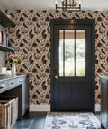 Peel And Stick Wallpaper Featuring Crow And Floral Design Self Adhesive Wallcovering For Fast Room Refresh in entryway with gray door.