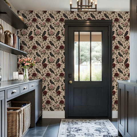 Peel And Stick Wallpaper Featuring Crow And Floral Design Self Adhesive Wallcovering For Fast Room Refresh in entryway with gray door.