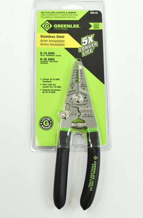 Pro Stainless Wire Stripper Cutter And Crimper Curve 6-14 AWG Solid And 8-14 AWG Stranded 7.5 Inch Heavy Duty Tool in packaging