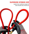 Person holding a Three Eighths Inch By Six Foot Lead-In Air Hose For Compressors With Heavy-Duty Lightweight Flexible Kink-Resistant Whip Hose And Quarter Inch Industrial Brass Fittings Red 300 PSI.