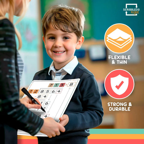 Child using Long Division Practice Dope Dry Erase Sheets 11x14 Reusable Math Manipulatives for Classroom Centers 5th Grade.