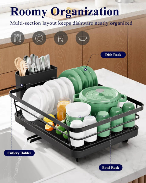 Compact Dish Drying Rack For Kitchen Counter Black Space Saving Drainer Holds 10 Plates And Bowls with multi-section layout for dishware organization.