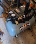 Compact Oil Free 3 Gallon Air Compressor With One Third HP 110 PSI Foldable Handle Cord Wrap Built In Hose Retainer Large Regulator Knob