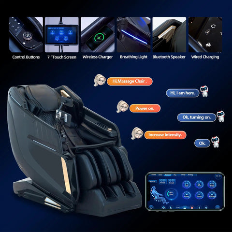 57-Inch SL-Track 4D Massage Chair with AI voice control, touch screen, and tech features for home office relaxation