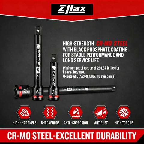 1/2 Inch Drive Impact Extension Bar Set Offers 3 6 And 10 Inch Options Crafted From Tough Cr Mo Steel For Knuckle Busting Auto Repair Jobs Featuring Bold Embossed Measurements That Handle Grime Like A Champ Every Single Time with black phosphate coating.