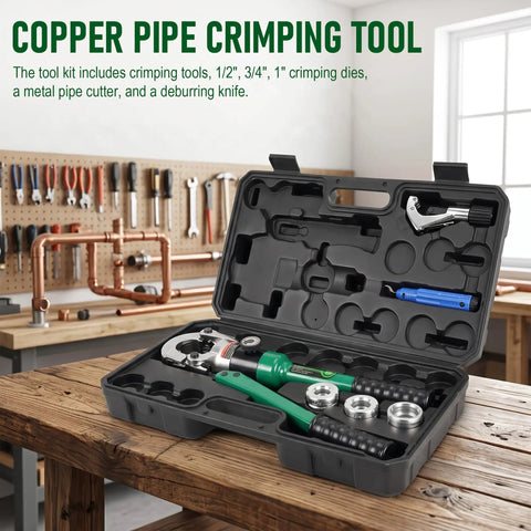 Copper Pipe Crimping Tool With Hydraulic Press For Half Inch, Three Quarter Inch, And One Inch Jaws For Copper Tube Fittings, Slim Head Design For Tight Spaces, Leak Free Crimps, Professional Grade Plumber Tool For Pros And DIYers, case open with dies