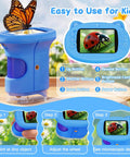 1000X Handheld Digital Microscope For Kids With USB Connection Real Time Live View Easy To Use Macro Zoom For Leaves Insects Coins Textures Fabrics And Stamps Kid Friendly STEM Toy In A Bright Blue Color, blue handheld digital microscope with butterfly and screen