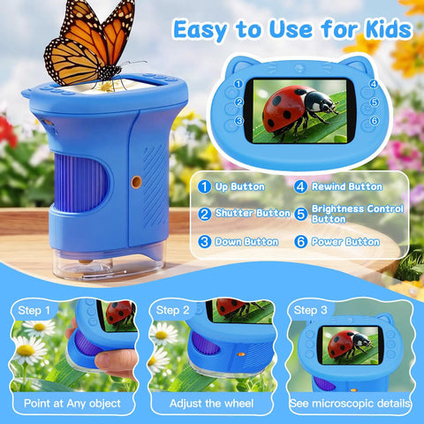 1000X Handheld Digital Microscope For Kids With USB Connection Real Time Live View Easy To Use Macro Zoom For Leaves Insects Coins Textures Fabrics And Stamps Kid Friendly STEM Toy In A Bright Blue Color, blue handheld digital microscope with butterfly and screen